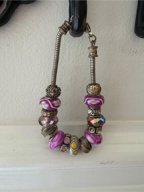 Purpl European Style Charm Bracelet Murano Glass Beads, Rhinestones & Silver ton